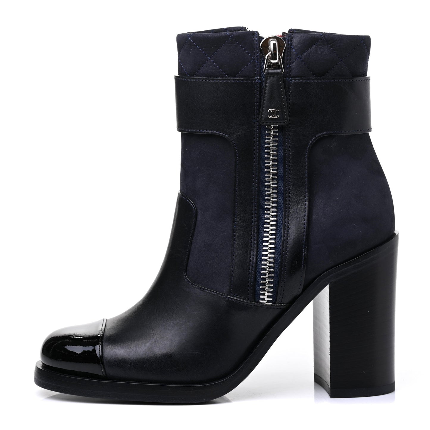 Calfskin Patent Cap Toe Short Ankle Boots 36 Navy Black