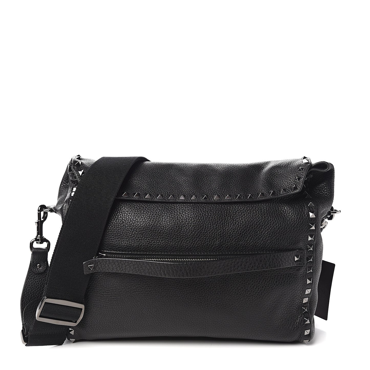 Pebbled Calfskin Rockstud Messenger Black