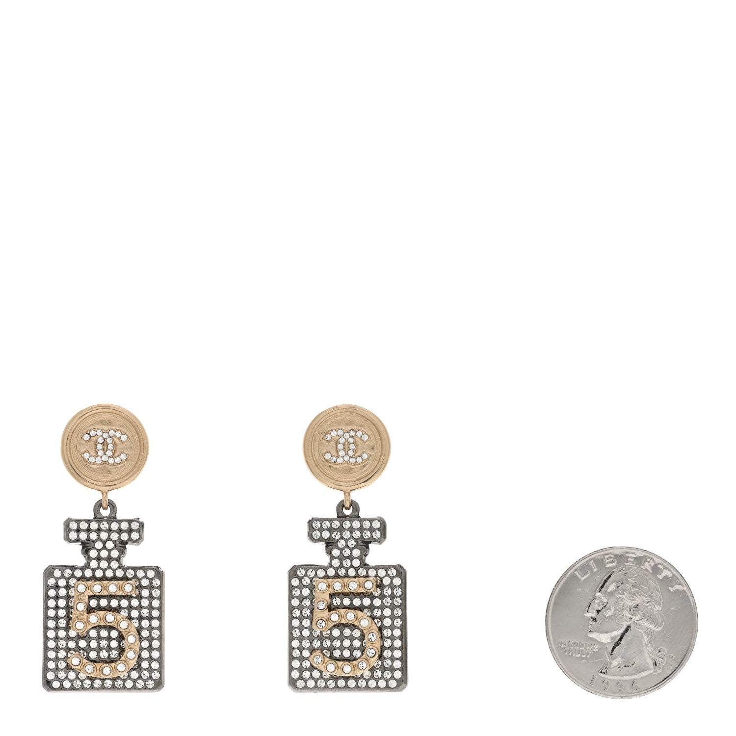 Chanel Crystal CC No 5 Perfume Bottle Drop Earrings Gold Silver 2 of 4