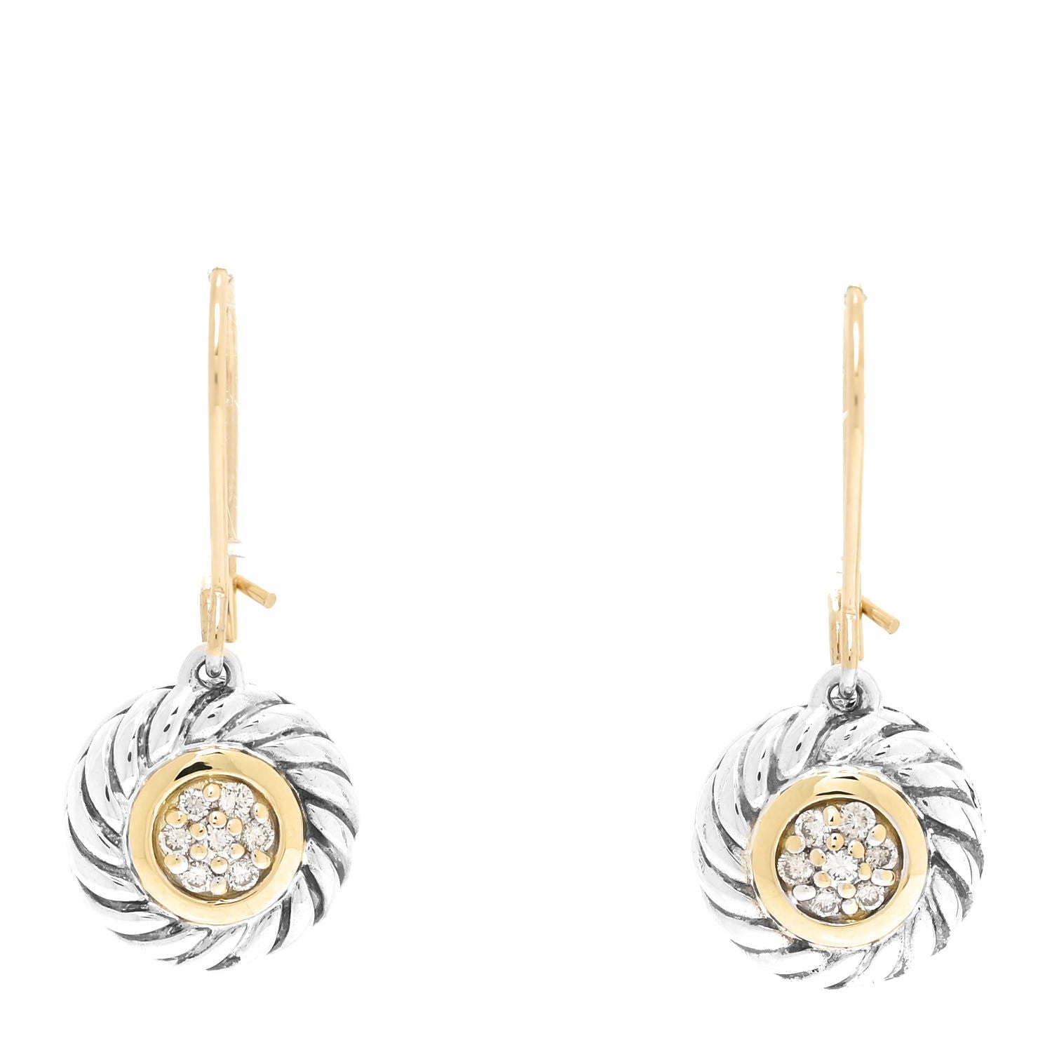 David Yurman Sterling Silver 18K Yellow Gold Diamond Cookie Cable Drop Earrings 1 of 5