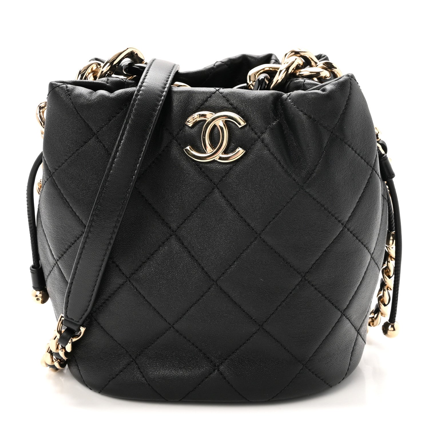 Chanel Lambskin Quilted Resin Bi-Color Chain Bucket Bag Black 1 of 11