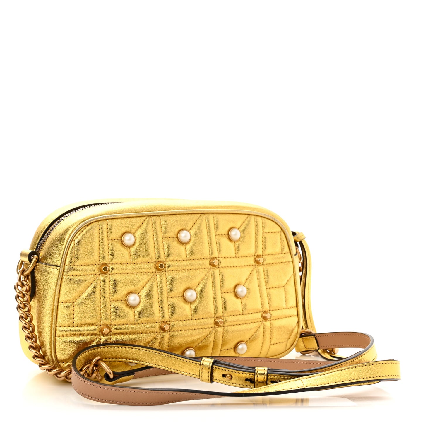Metallic Calfskin Matelasse Studded Small Pearly GG Marmont Chain Shoulder Bag Gold