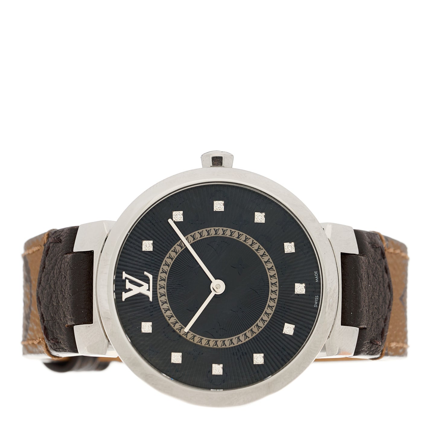 Stainless Steel Monogram Diamond 33mm Tambour Slim Quartz Watch Black