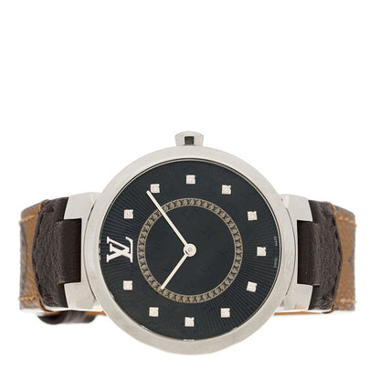 Louis Vuitton Stainless Steel Monogram Diamond 33mm Tambour Slim Quartz Watch Black 2 of 5