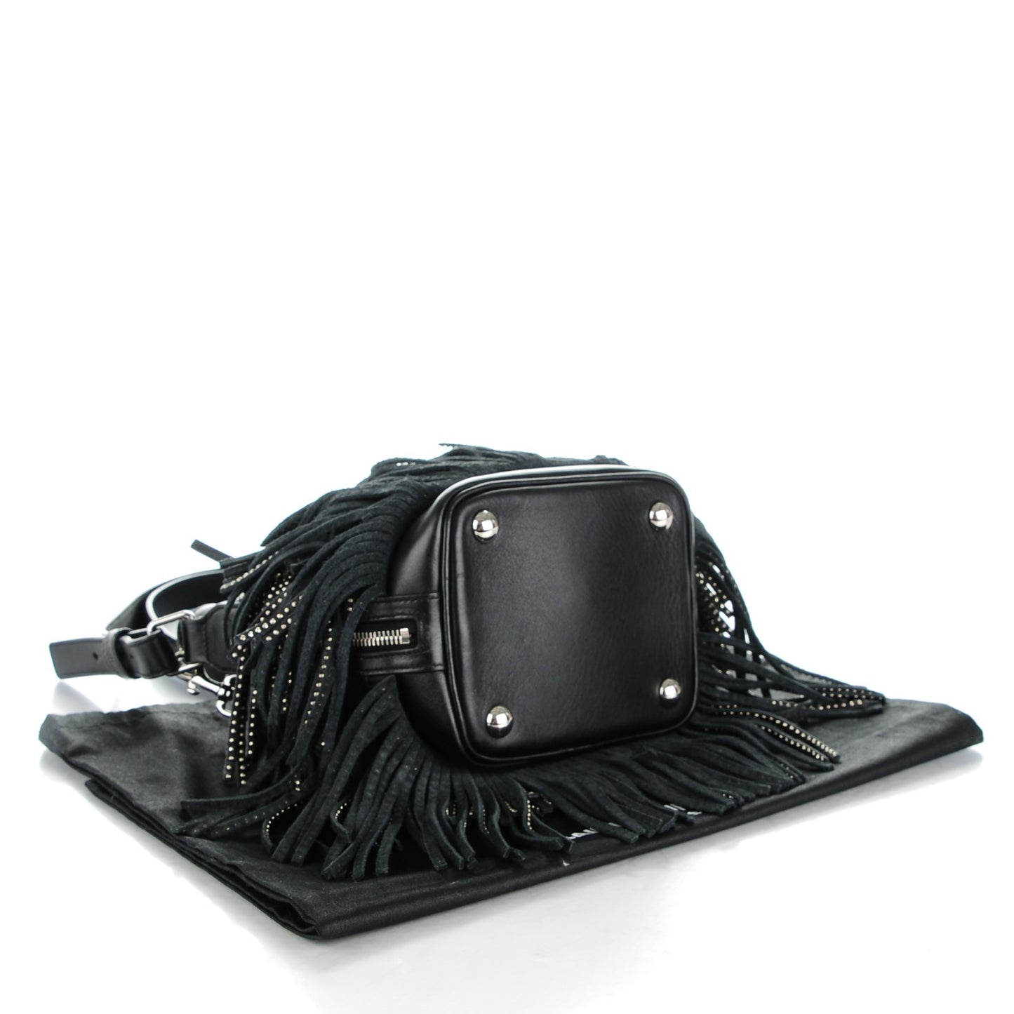 Calfskin Studded Small Emmanuelle Fringe Bucket Bag Black