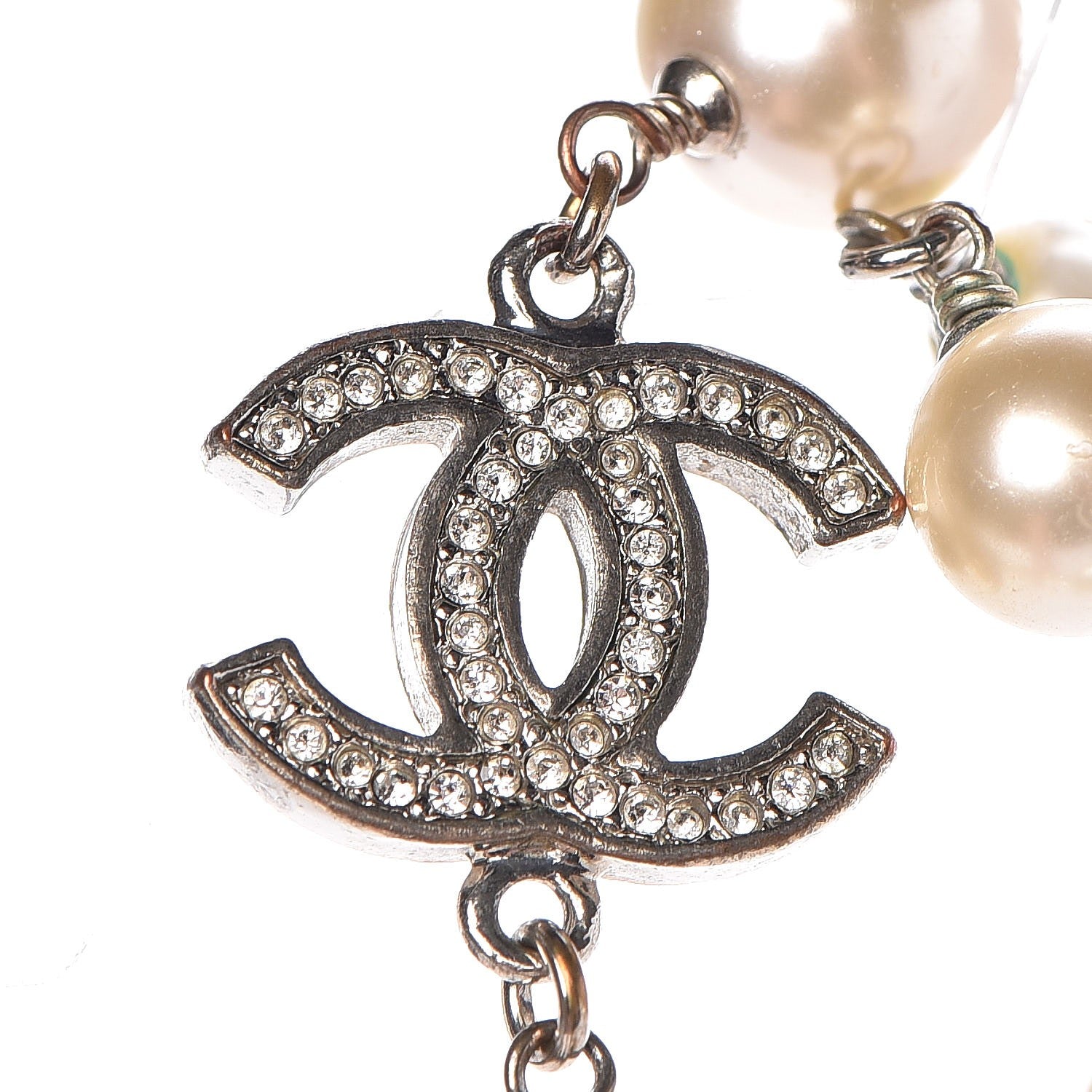 Chanel Crystal Pearl CC Long Necklace Silver 7 of 19