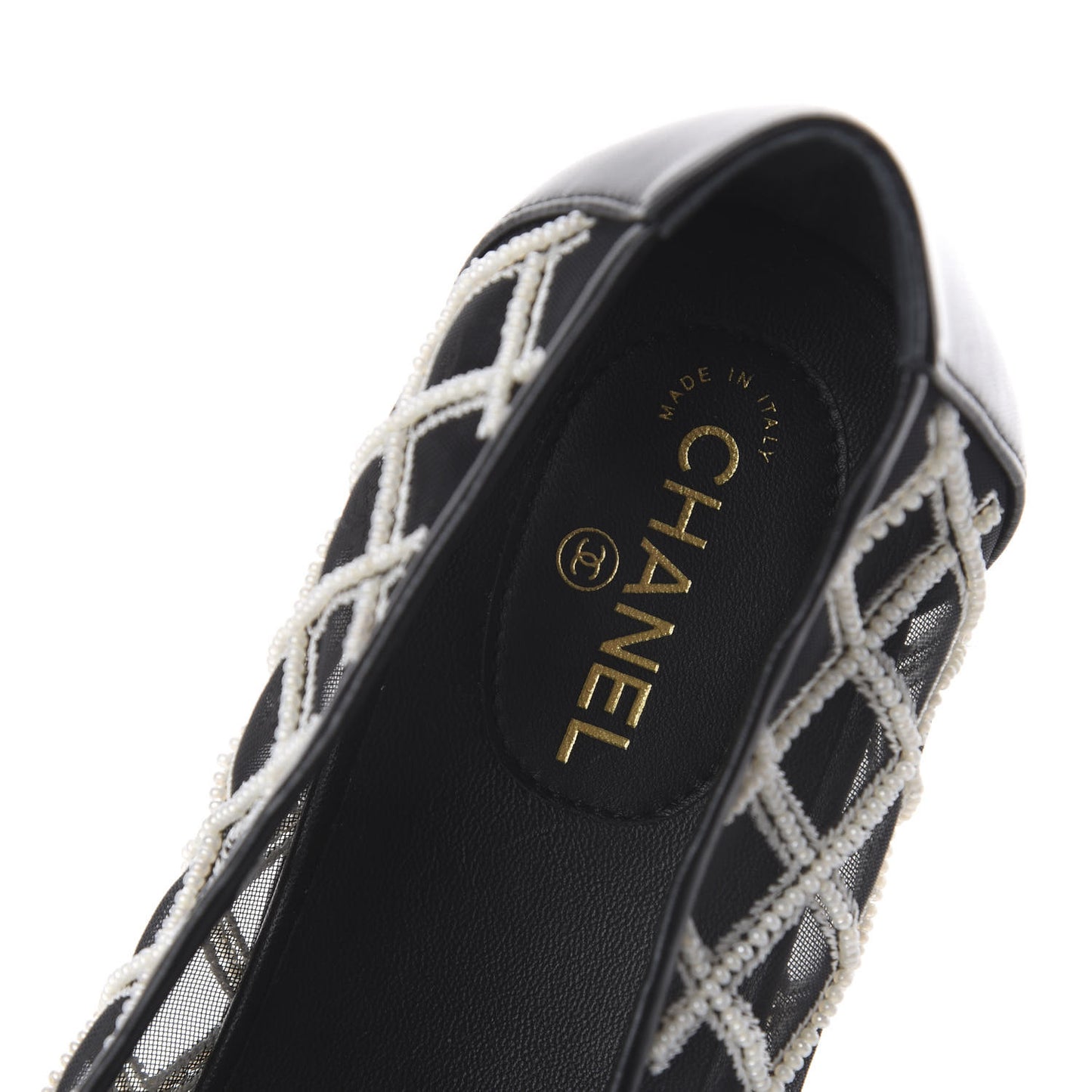 Mesh Pearl Grosgrain Cap Toe CC Loafers 40.5 Black Ivory