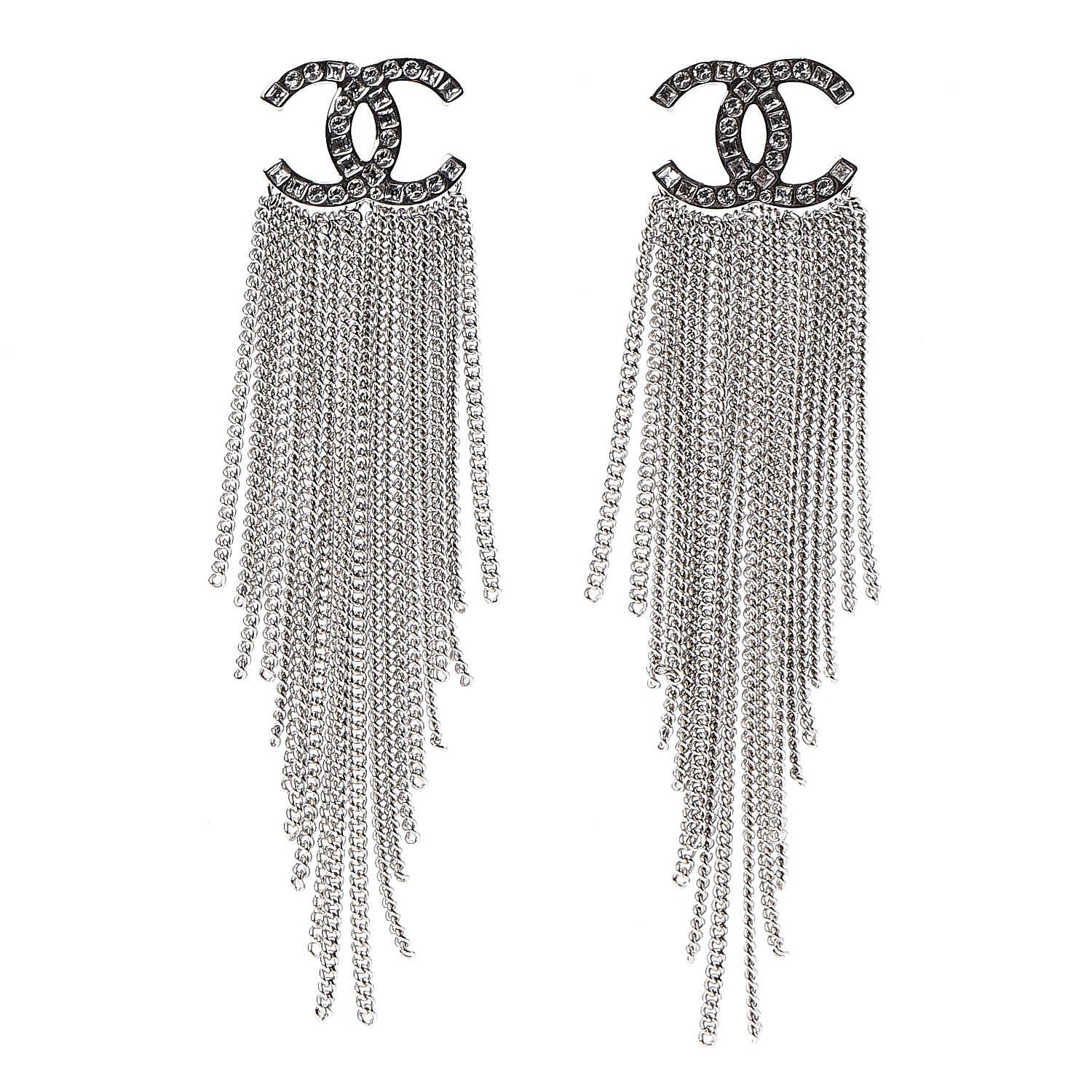 Chanel Crystal CC Chain Drop Earrings Silver 1 of 5