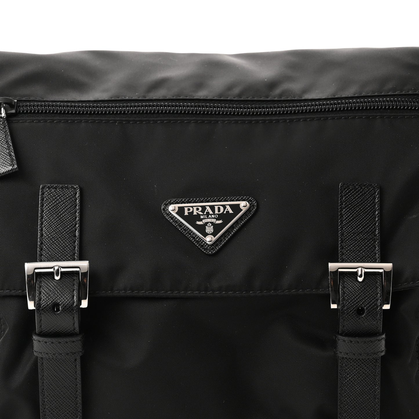Re-Nylon Vela Saffiano Pocket Double Buckle Messenger Shoulder Bag Black