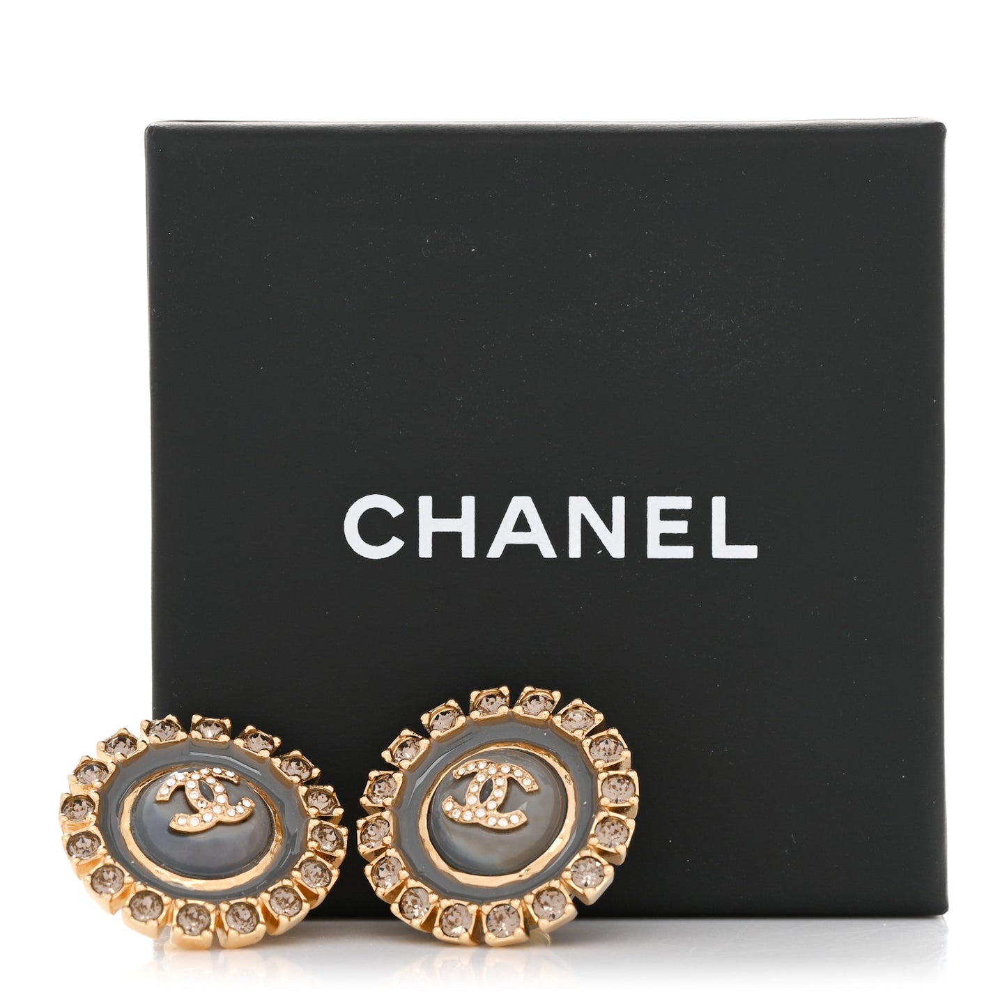 Crystal Enamel CC Round Earrings Gold Grey