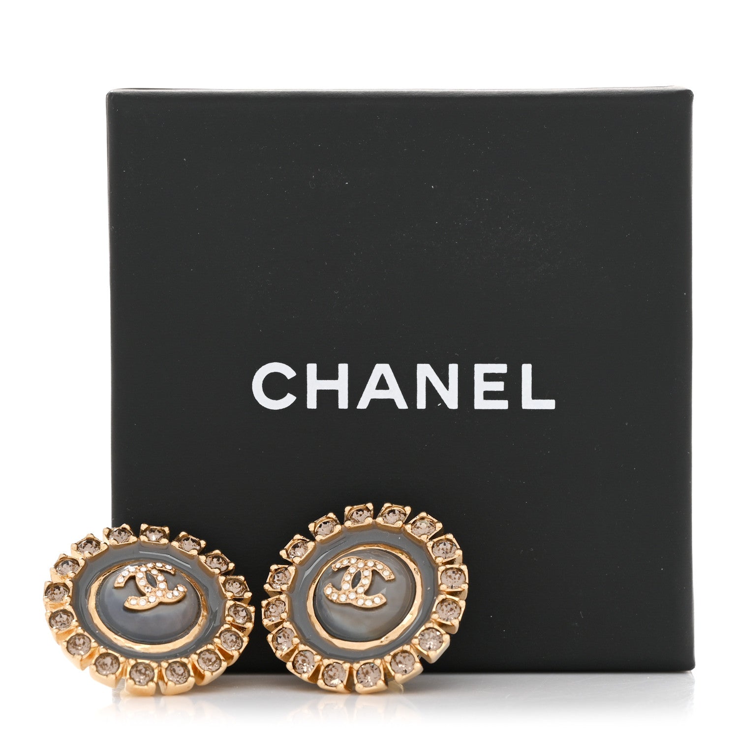 Chanel Crystal Enamel CC Round Earrings Gold Grey 5 of 5