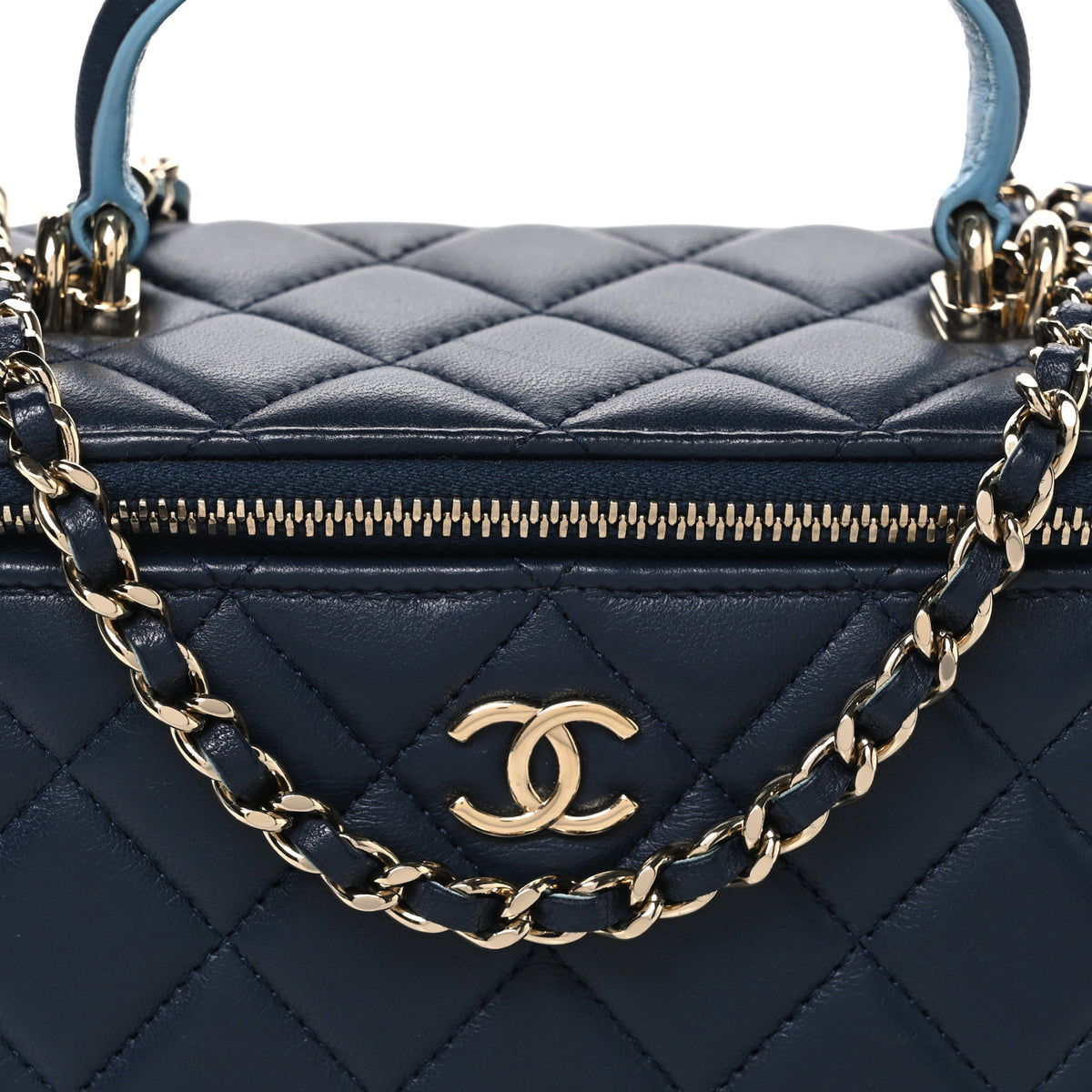Chanel Lambskin Quilted Small Top Handle Vanity Case With Chain Dark Blue Light Blue 8 of 10