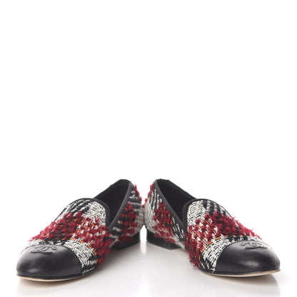 Chanel Tweed Cap Toe Loafers 38 Red Black 5 of 15