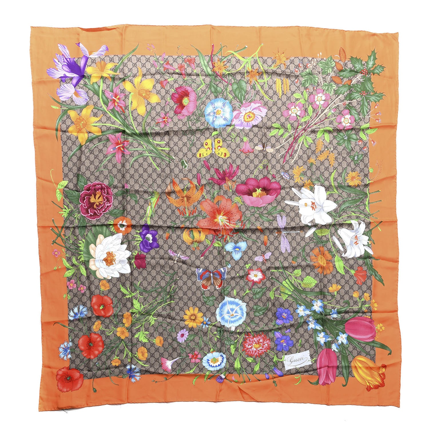 Gucci Silk Monogram Flora Fluo Square Scarf Orange 1 of 4