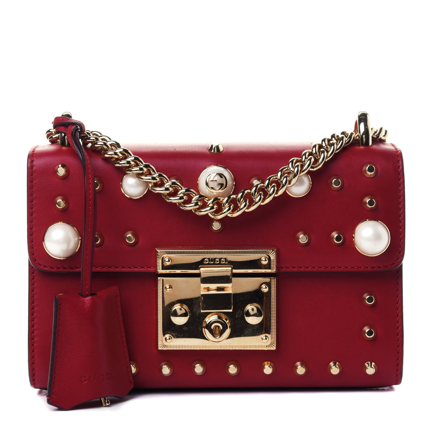 Calfskin Studded Small Padlock Shoulder Bag Hibiscus Red