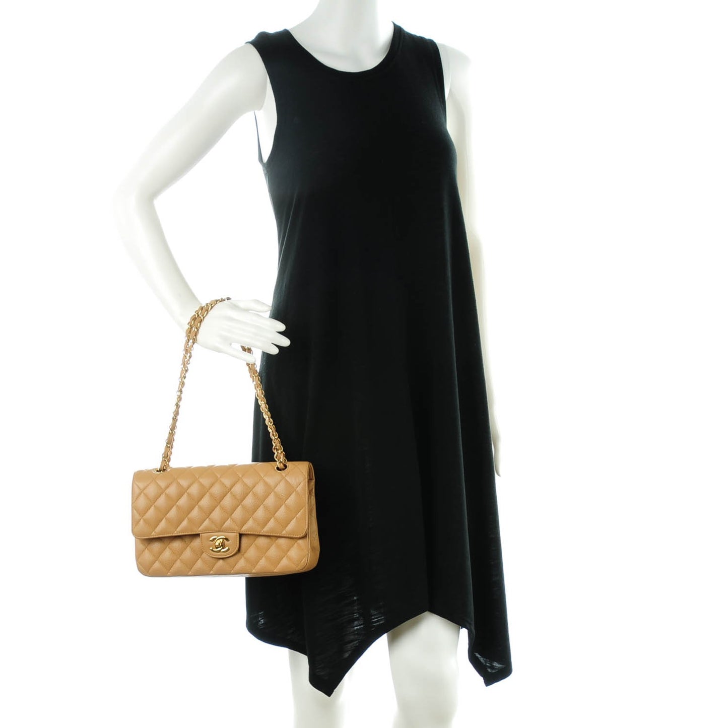 Caviar Quilted Medium Double Flap Beige