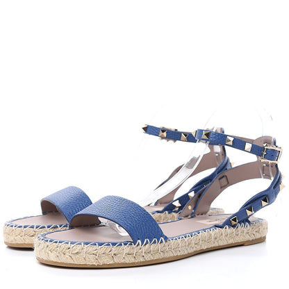 Valentino Garavani Grained Calfskin Rockstud Ankle Strap Espadrille Flat Sandals 39 Baltique 3 of 8