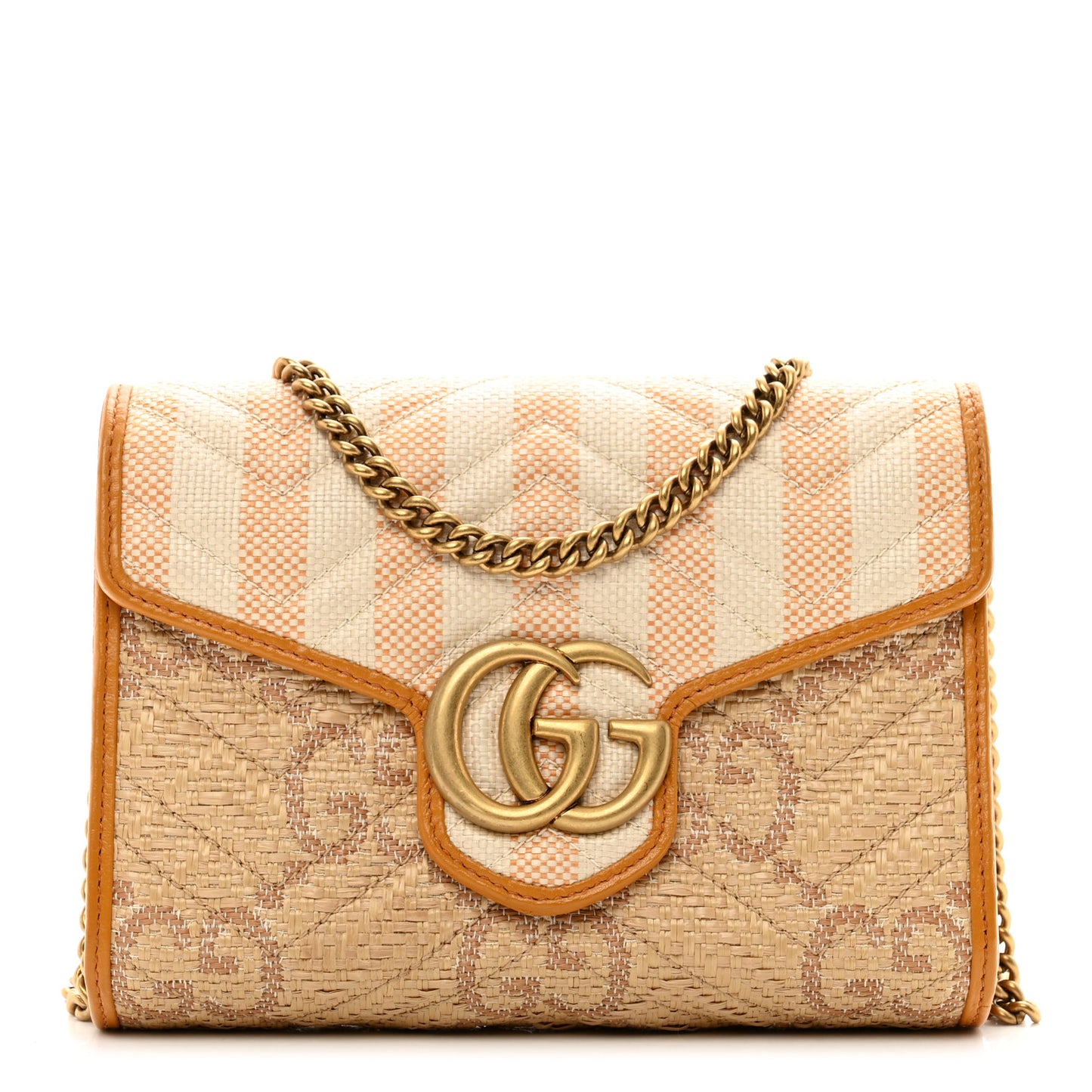 Raffia GG Monogram Matelasse GG Marmont Chain Wallet Natural Beige Off White Sun Oil