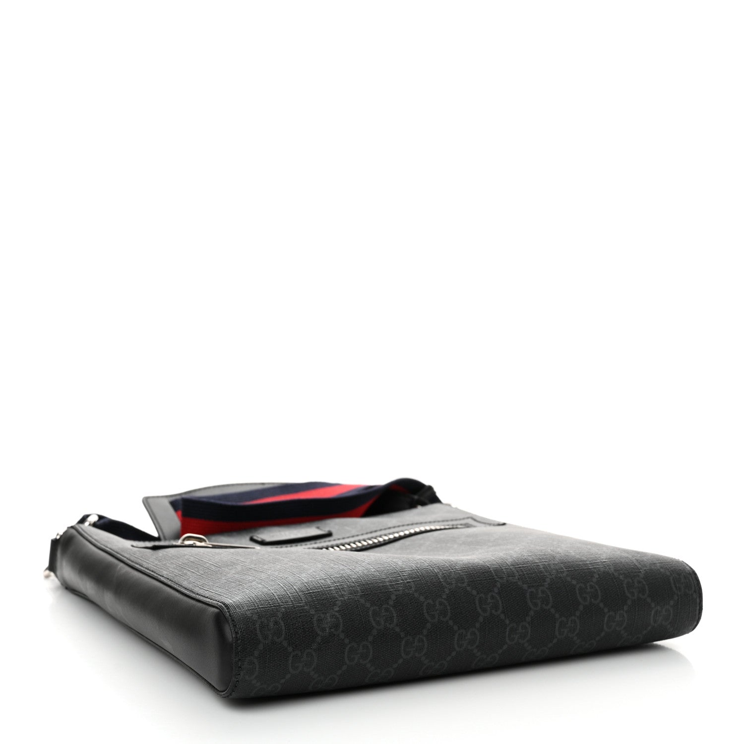 Gucci GG Supreme Monogram Appia Calfskin Web Flat Messenger Bag Black Grey 4 of 14