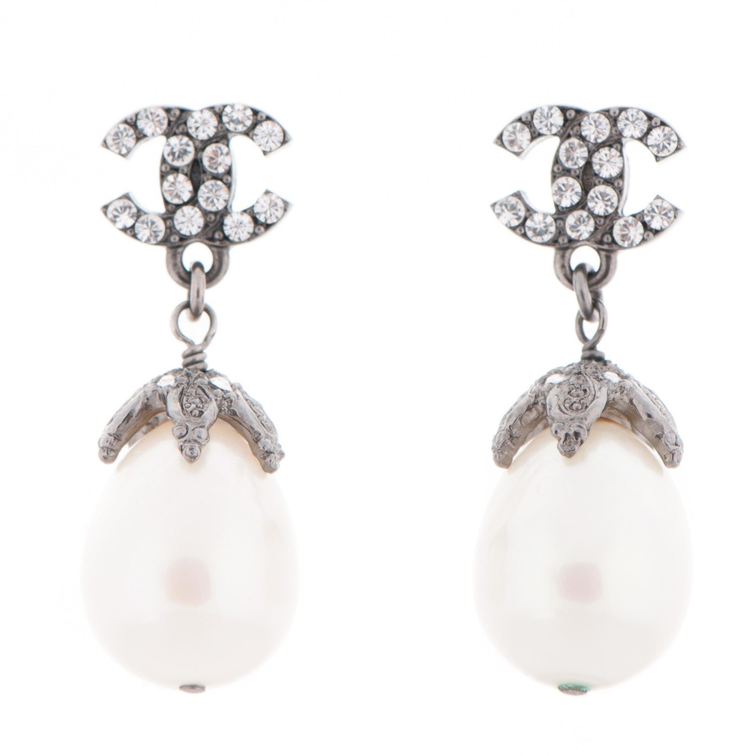 Chanel Ruthenium Crystal Pearl CC Drop Earrings 1 of 4