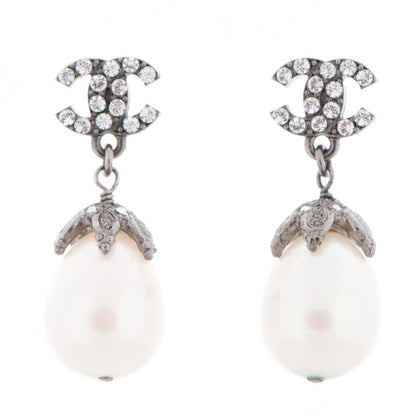 Chanel Ruthenium Crystal Pearl CC Drop Earrings 1 of 4