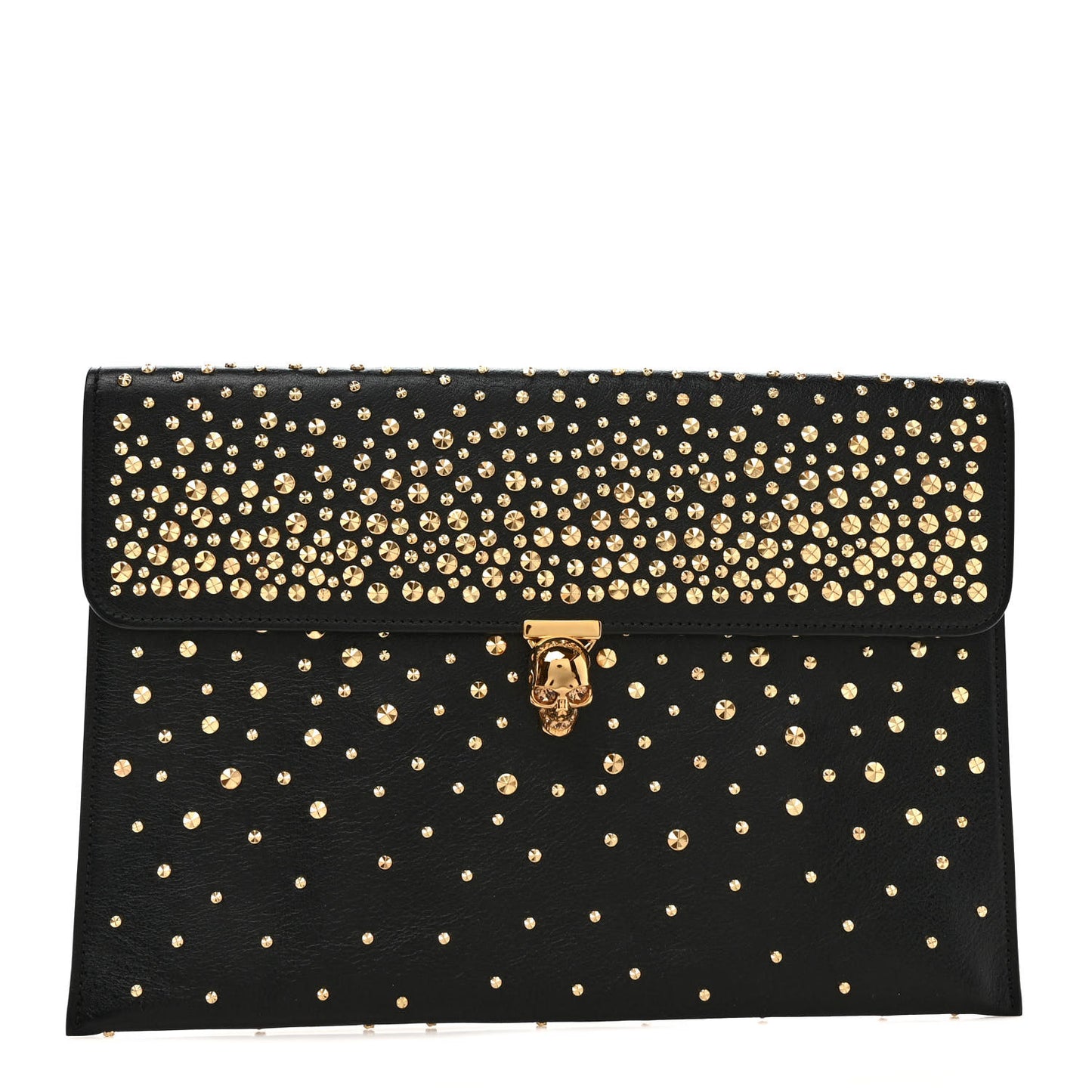 Calfskin Studded Skull Envelope Clutch Black