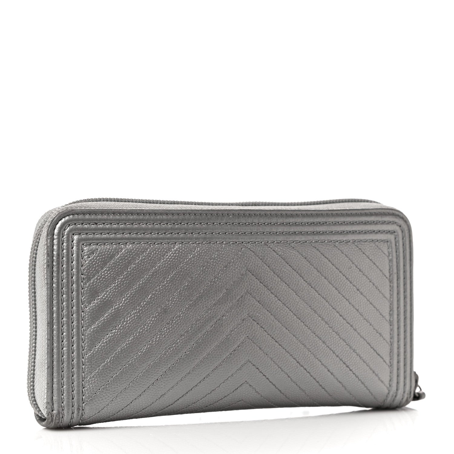 Chanel Metallic Caviar Chevron Quilted Boy Small Zip Around Wallet Silver 3 of 17