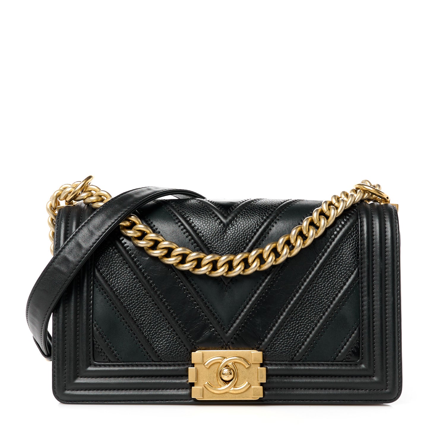 Caviar Suede Calfskin Chevron Medium Boy Flap Black