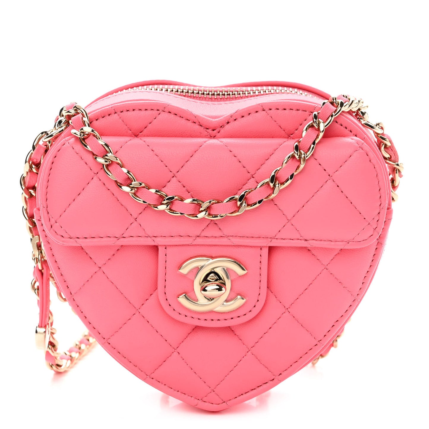 Lambskin Quilted CC In Love Heart Clutch With Chain Pink