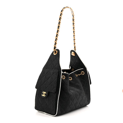 Chanel Braided Raffia Calfskin Small Chanel 25 Handbag Black White 3 of 11