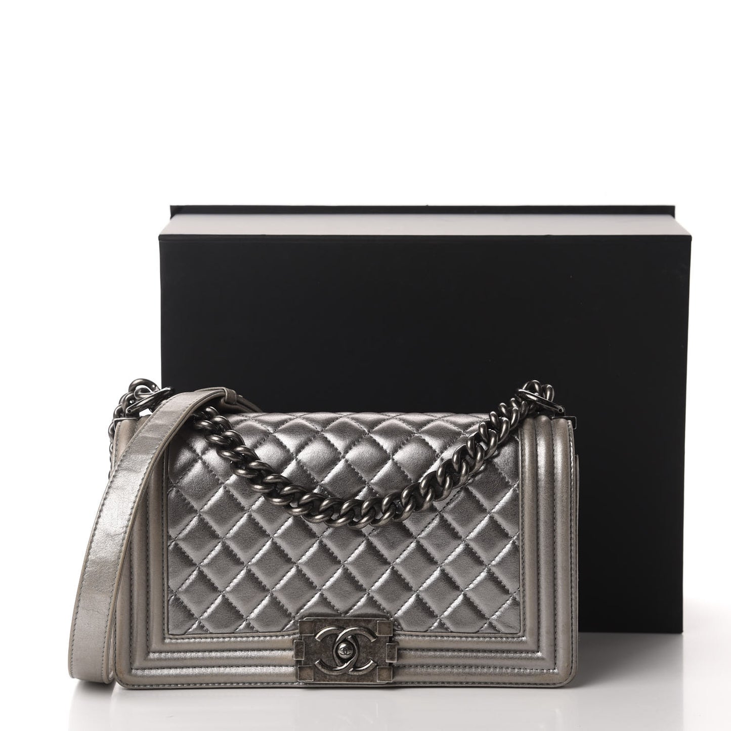 Metallic Calfskin Quilted Medium Boy Flap Silver