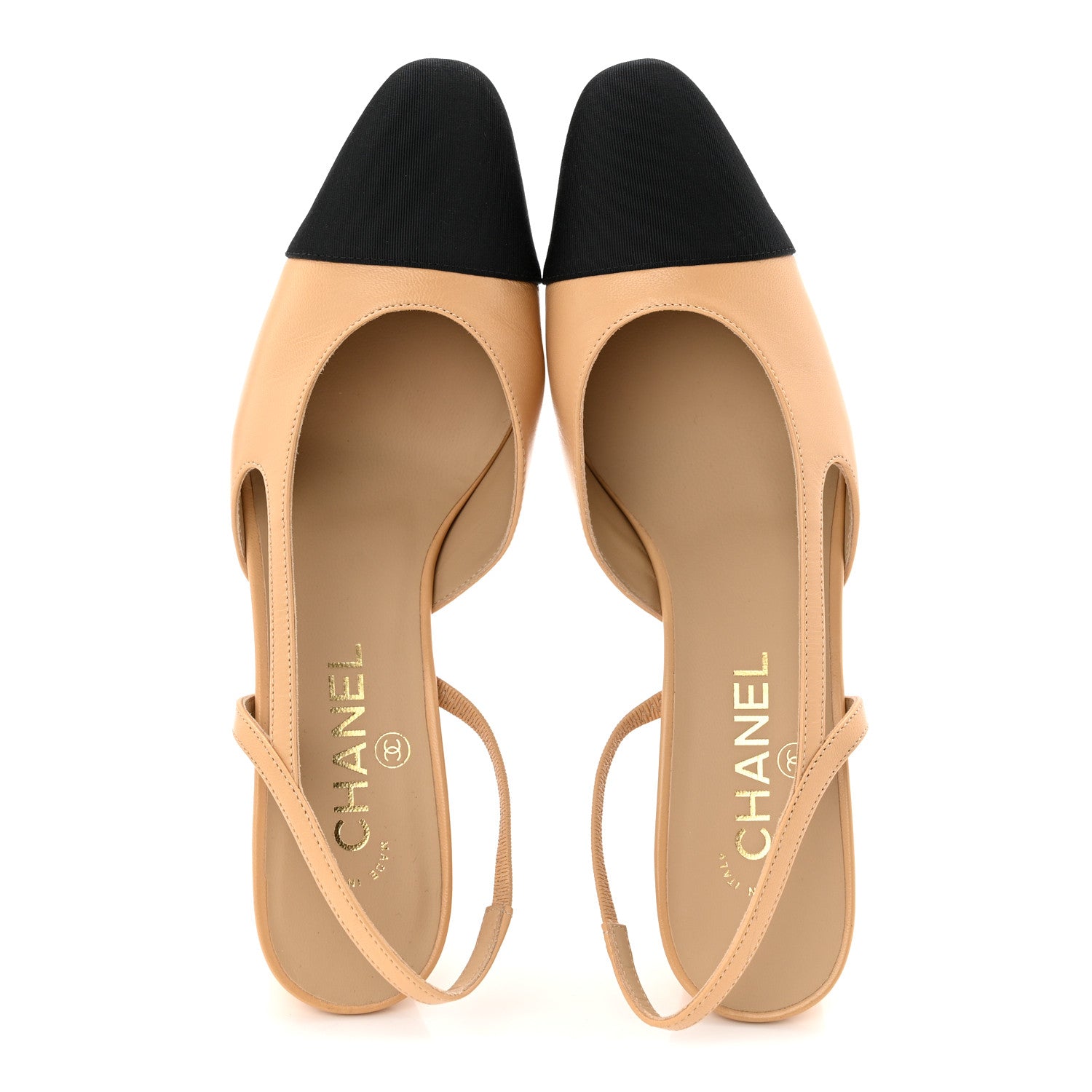 Chanel Goatskin Grosgrain Cap Toe CC Slingback Pumps 39 Beige Black 2 of 10