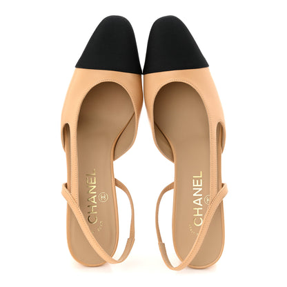 Chanel Goatskin Grosgrain Cap Toe CC Slingback Pumps 39 Beige Black 2 of 10