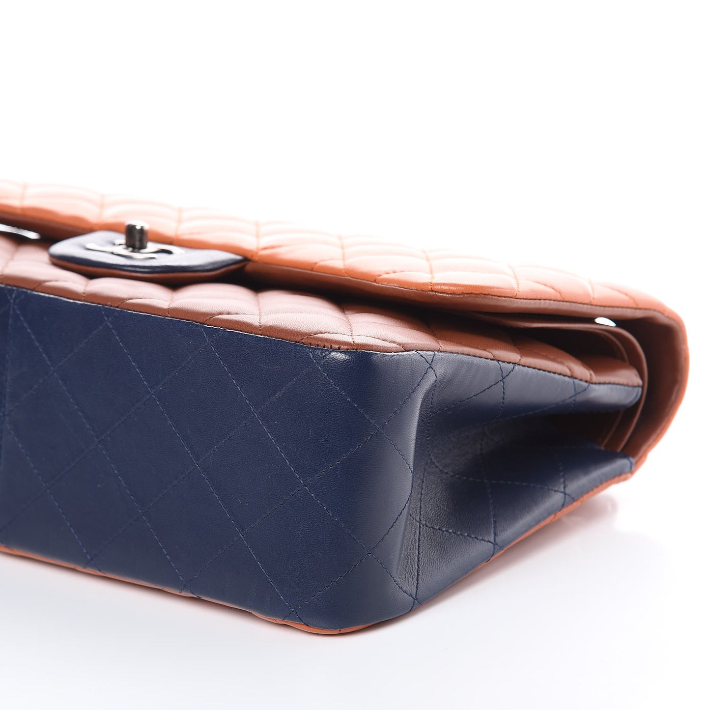 Lambskin Quilted Jumbo Tri-Color Double Flap Orange Camel Navy