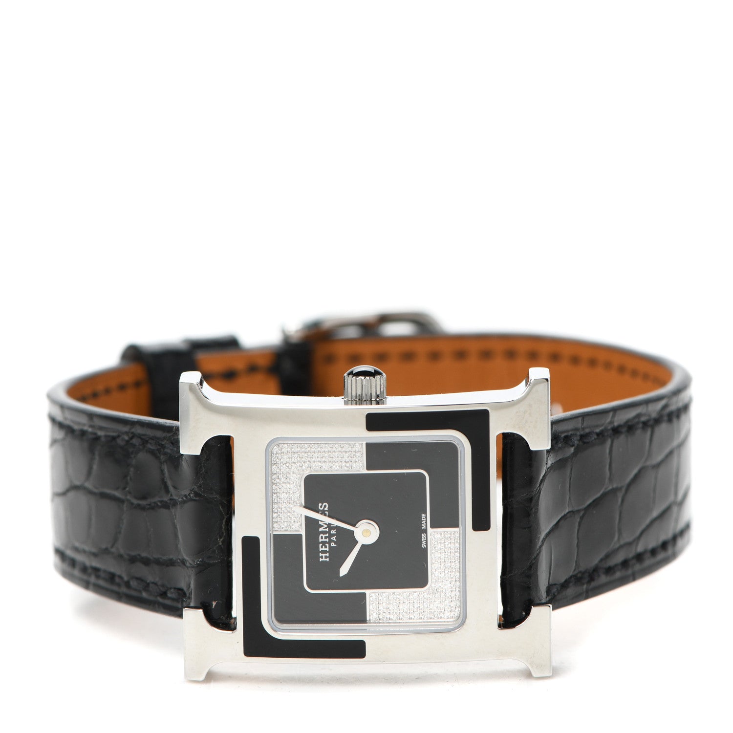 Hermes Stainless Steel Alligator Diamond 21mm Heure H Au Carre Quartz Watch Noir 2 of 5