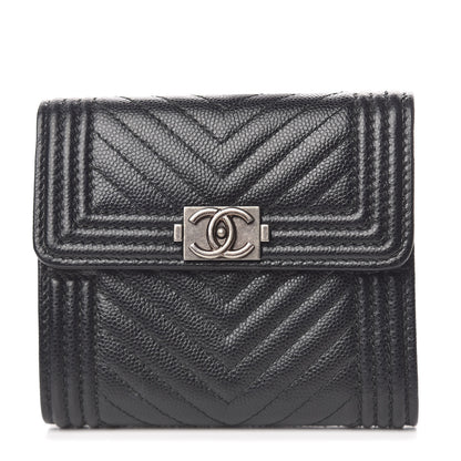 Chanel Caviar Chevron Quilted Boy Compact Wallet Black 1 of 9