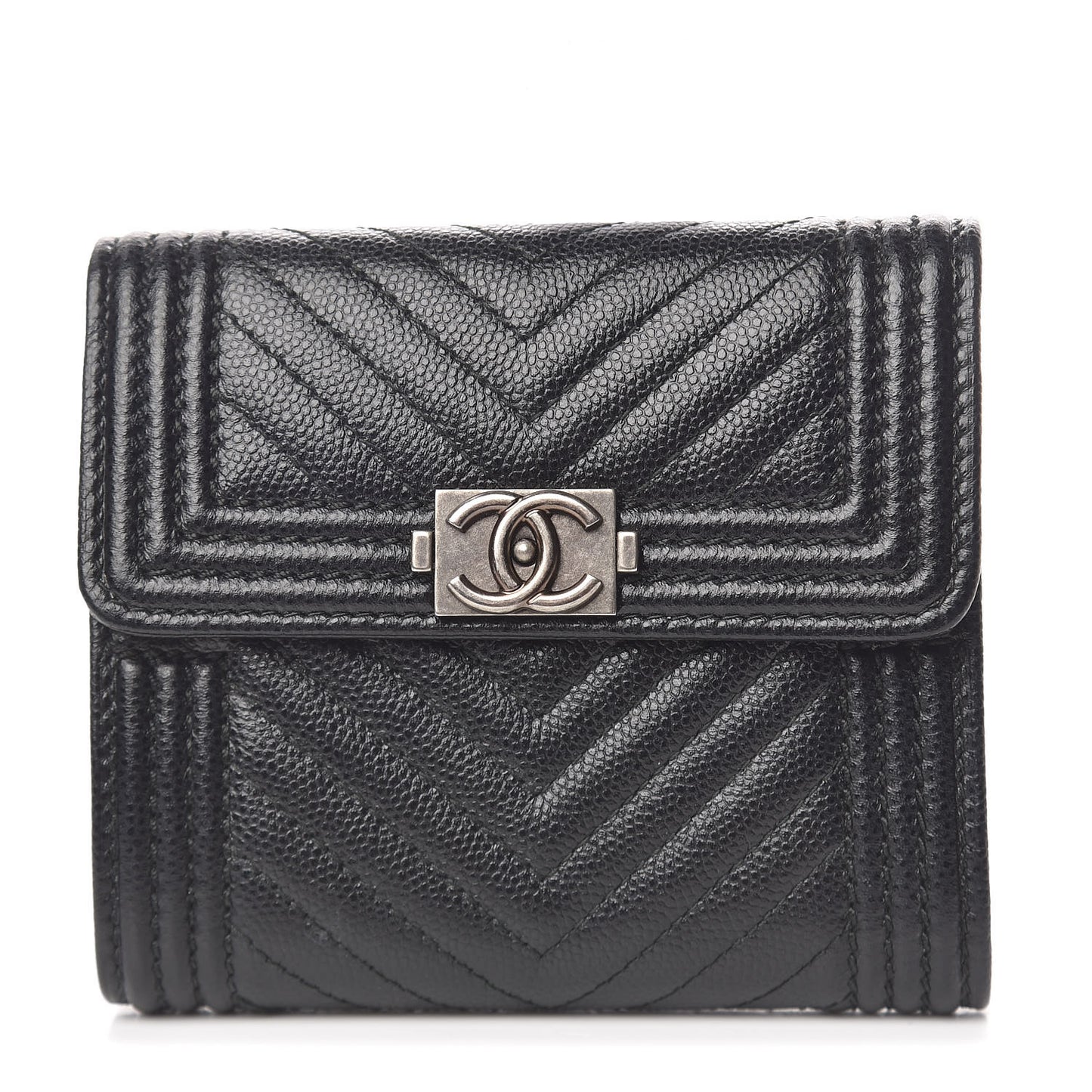 Caviar Chevron Quilted Boy Compact Wallet Black