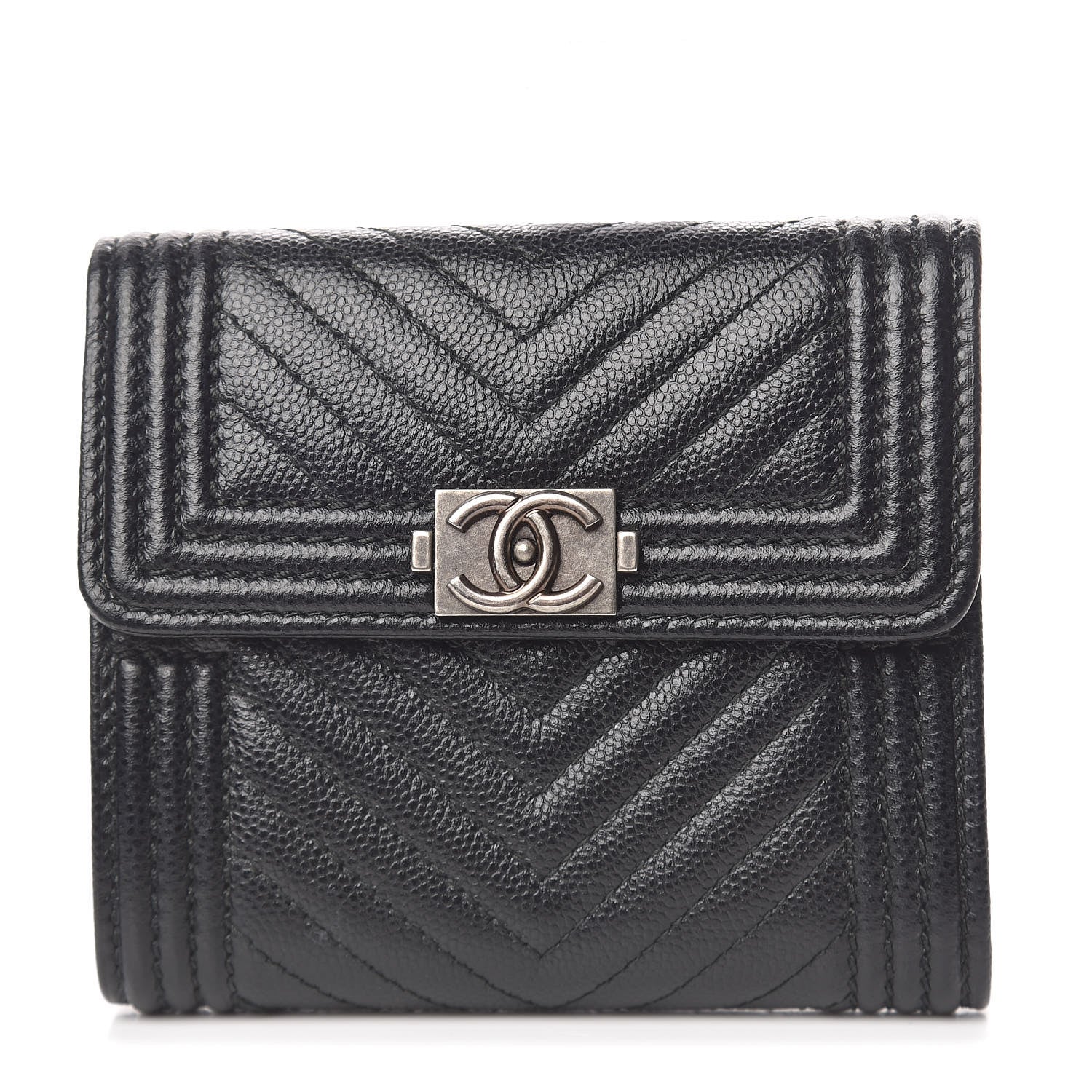 Chanel Caviar Chevron Quilted Boy Compact Wallet Black 1 of 9