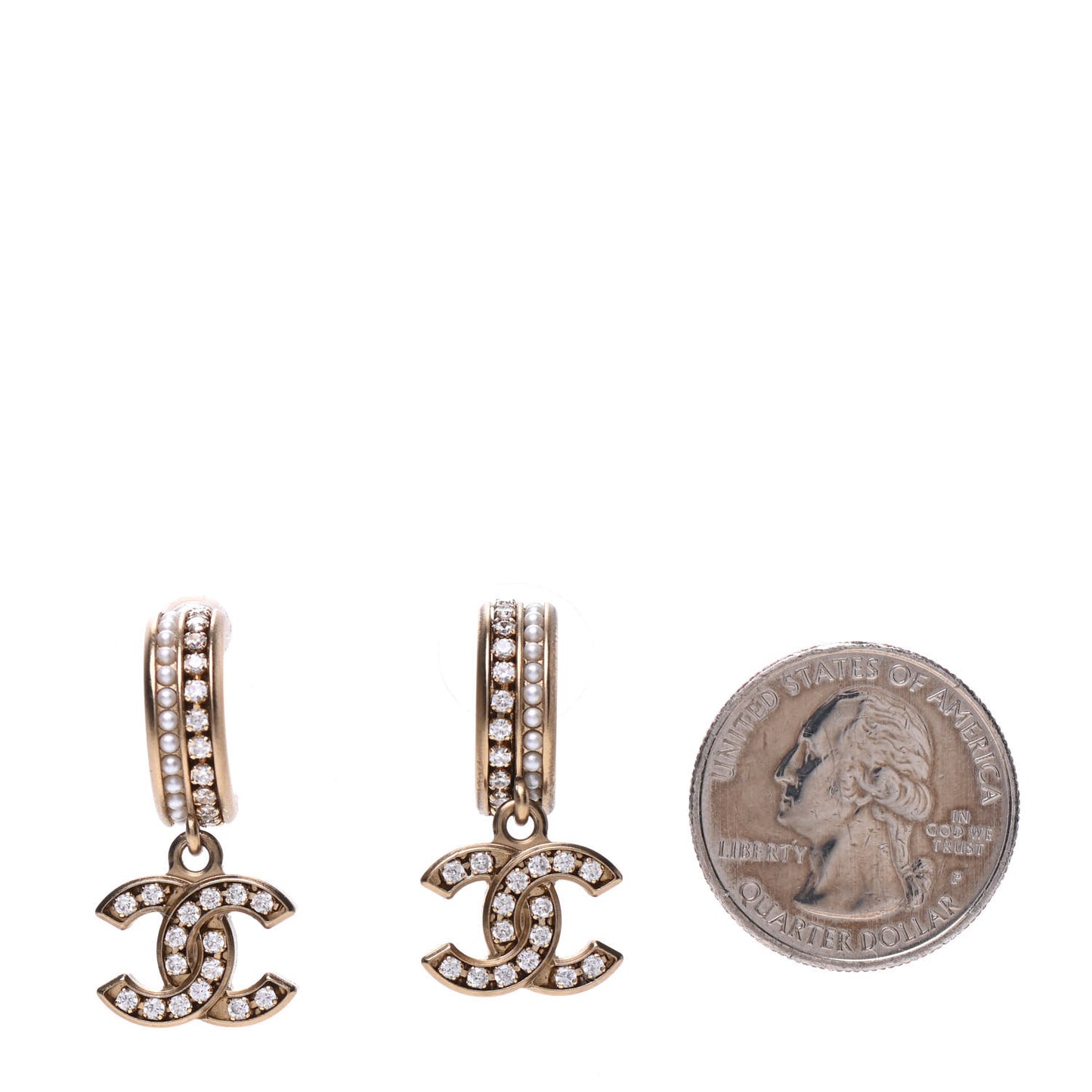 Crystal Pearl CC Hoop Drop Earrings Gold
