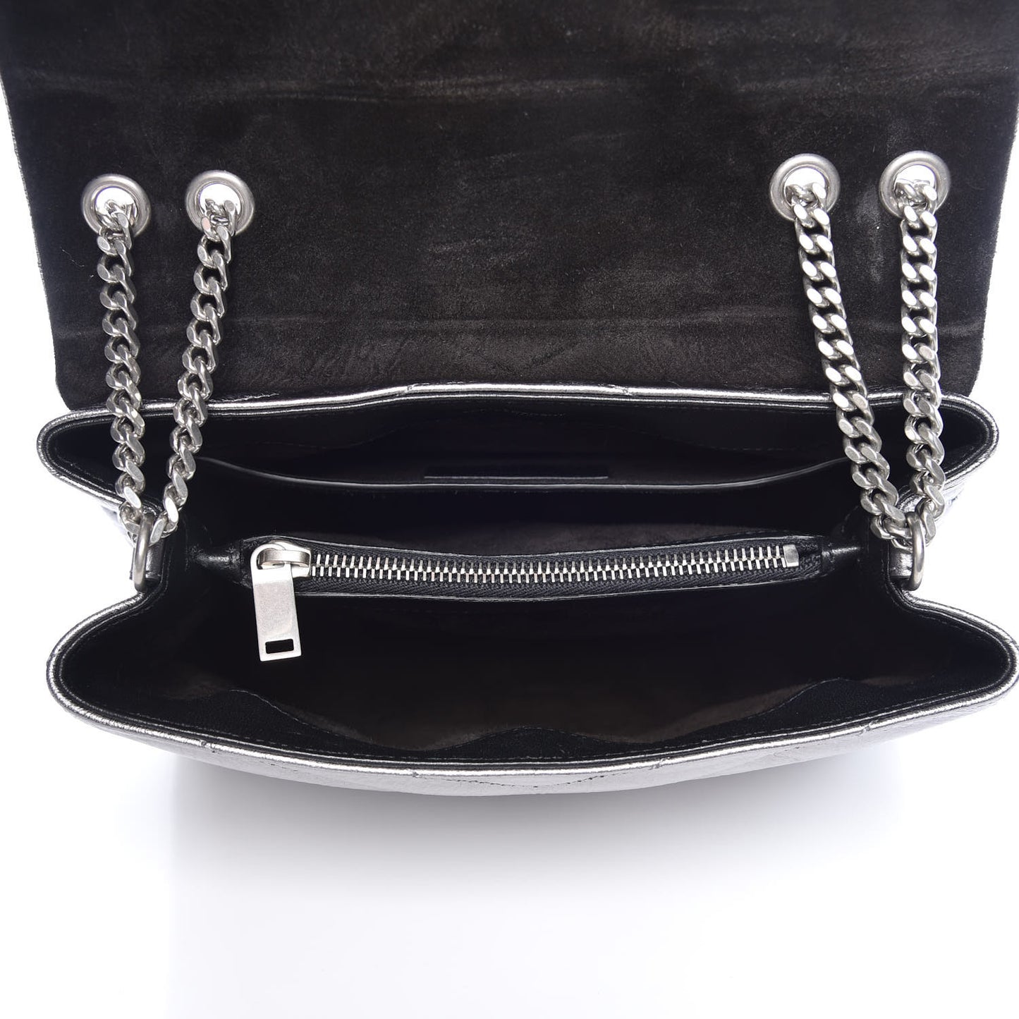 Metallic Calfskin Y Quilted Monogram Small Loulou Chain Satchel Acciaio