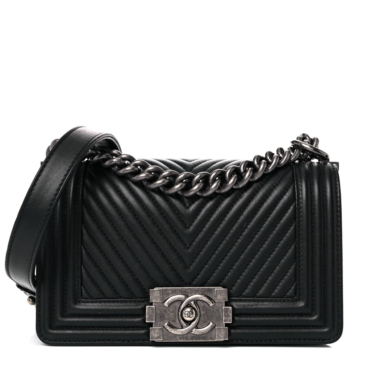 Calfskin Chevron Quilted Small Boy Flap Black