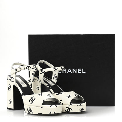 Chanel Printed Lambskin CC Platform Sandals 39 White Black 9 of 9