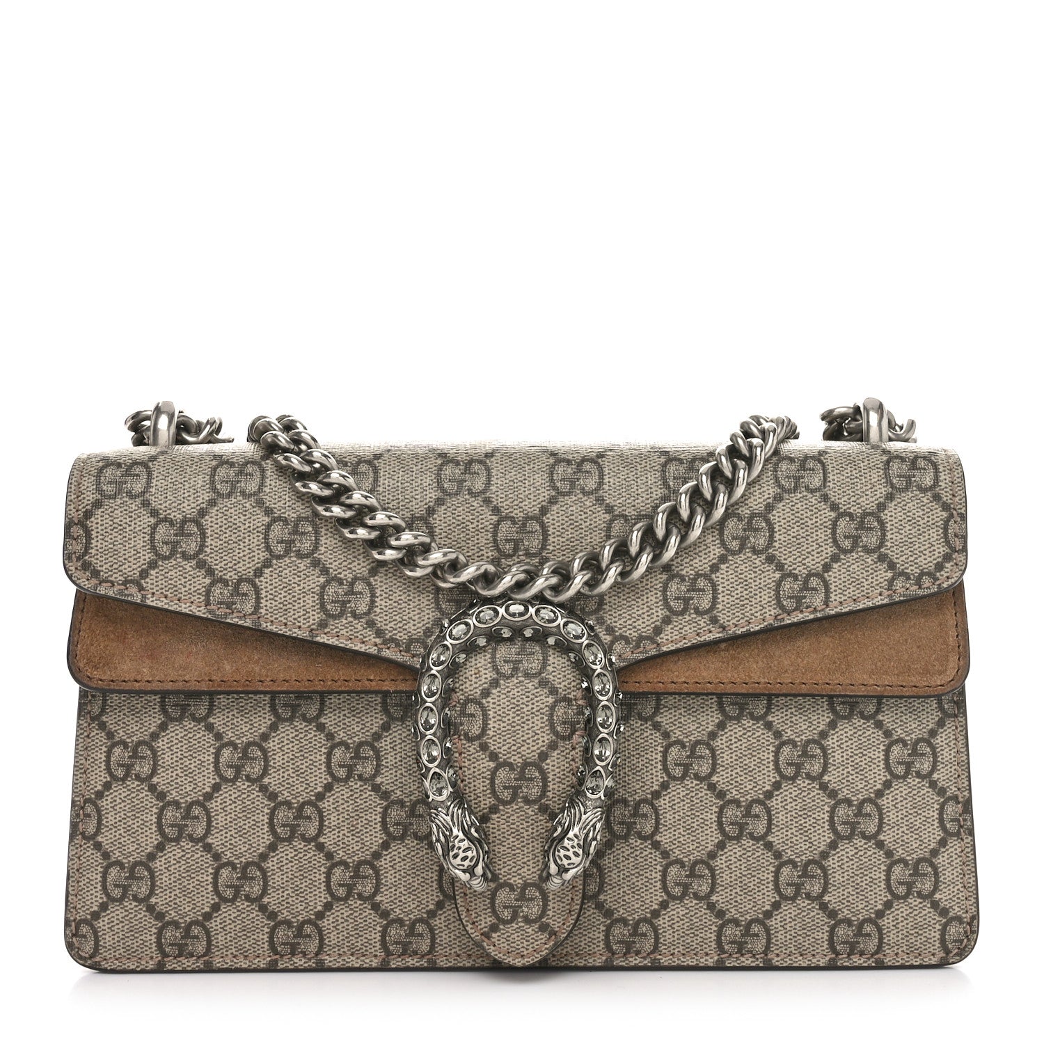 Gucci GG Supreme Monogram Suede Crystal Small Dionysus Shoulder Bag Beige Ebony Taupe 1 of 11