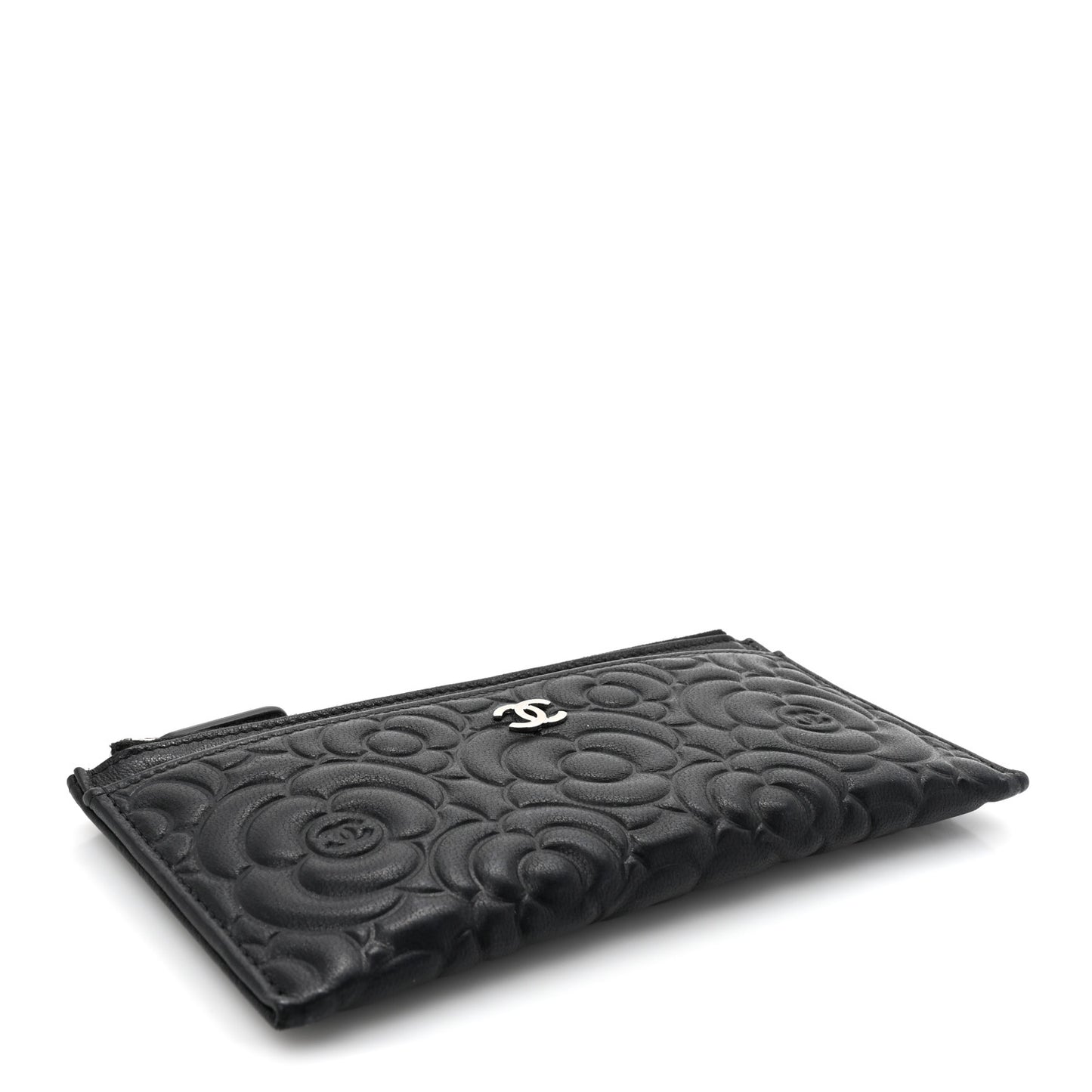 Lambskin Camellia Embossed Classic Zip Pouch Black