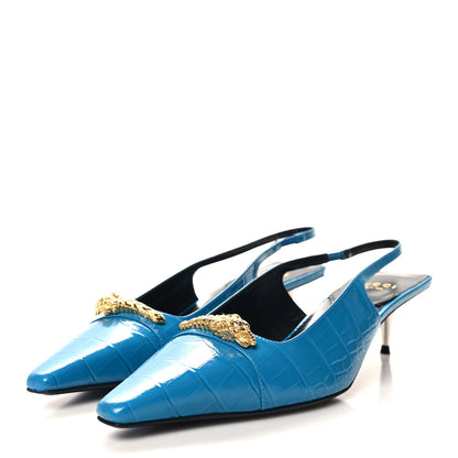Gucci Calfskin Crocodile Print Square Slingback Pumps 38.5 Bright Sapphire 3 of 9