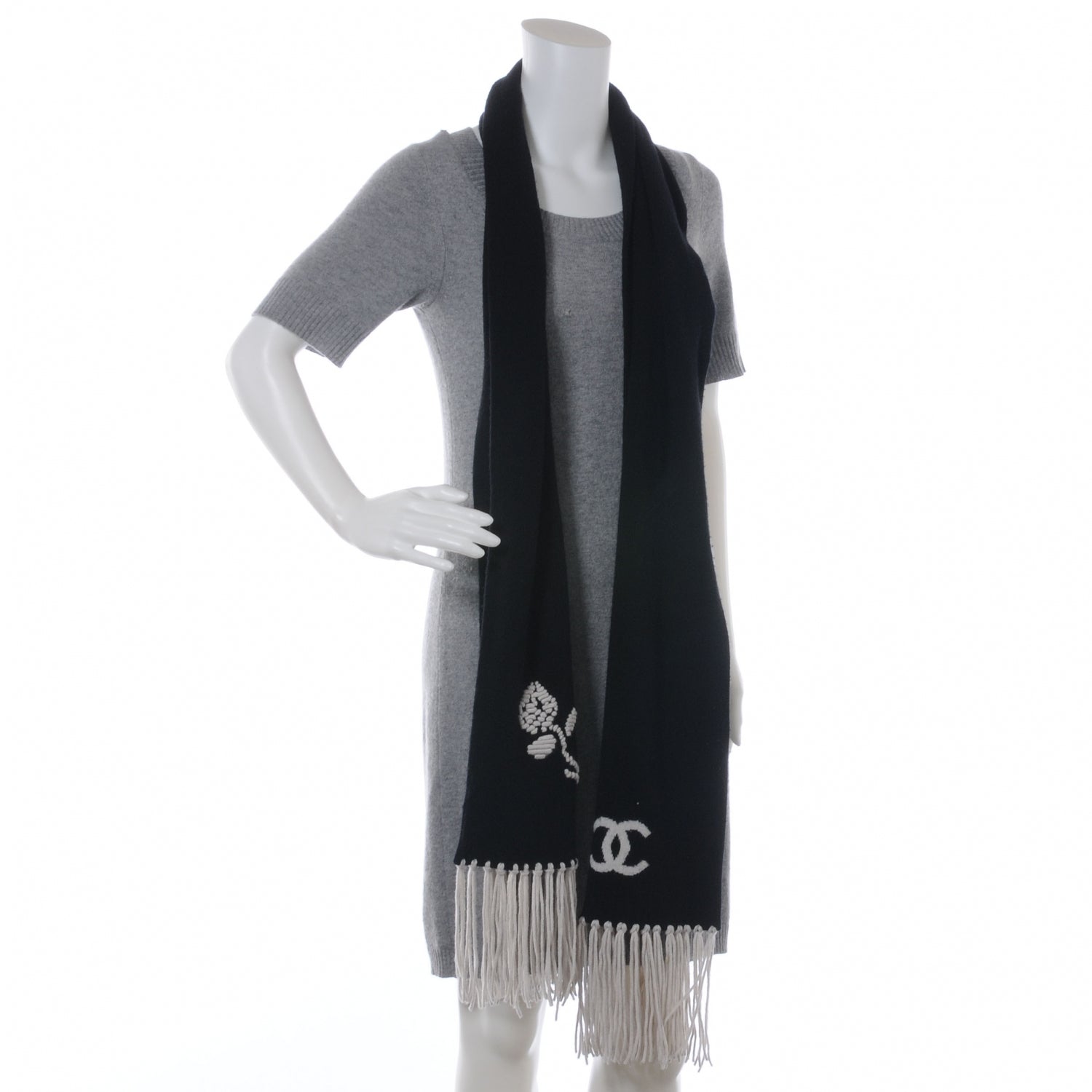 Chanel Cashmere CC Camellia Flower Fringe Scarf Black White 3 of 7