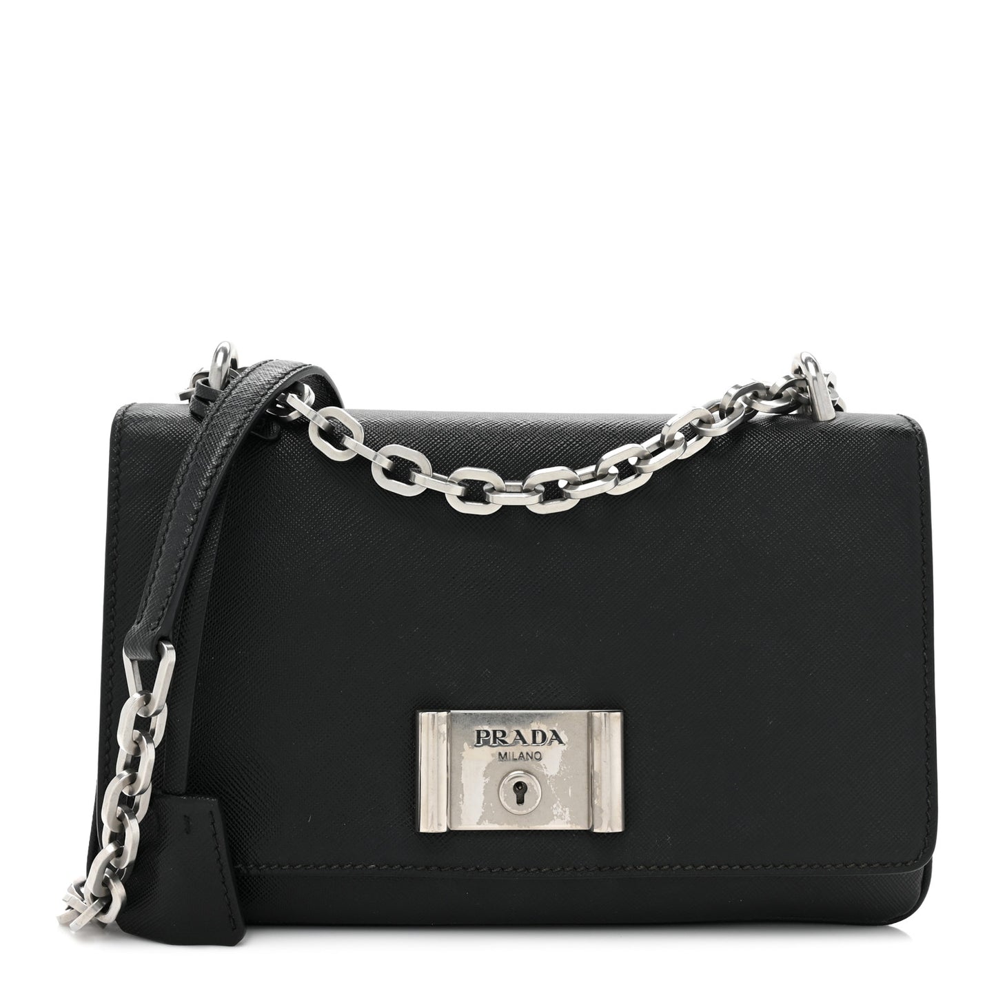 Saffiano Lux Lock Flap Chain Shoulder Bag Black