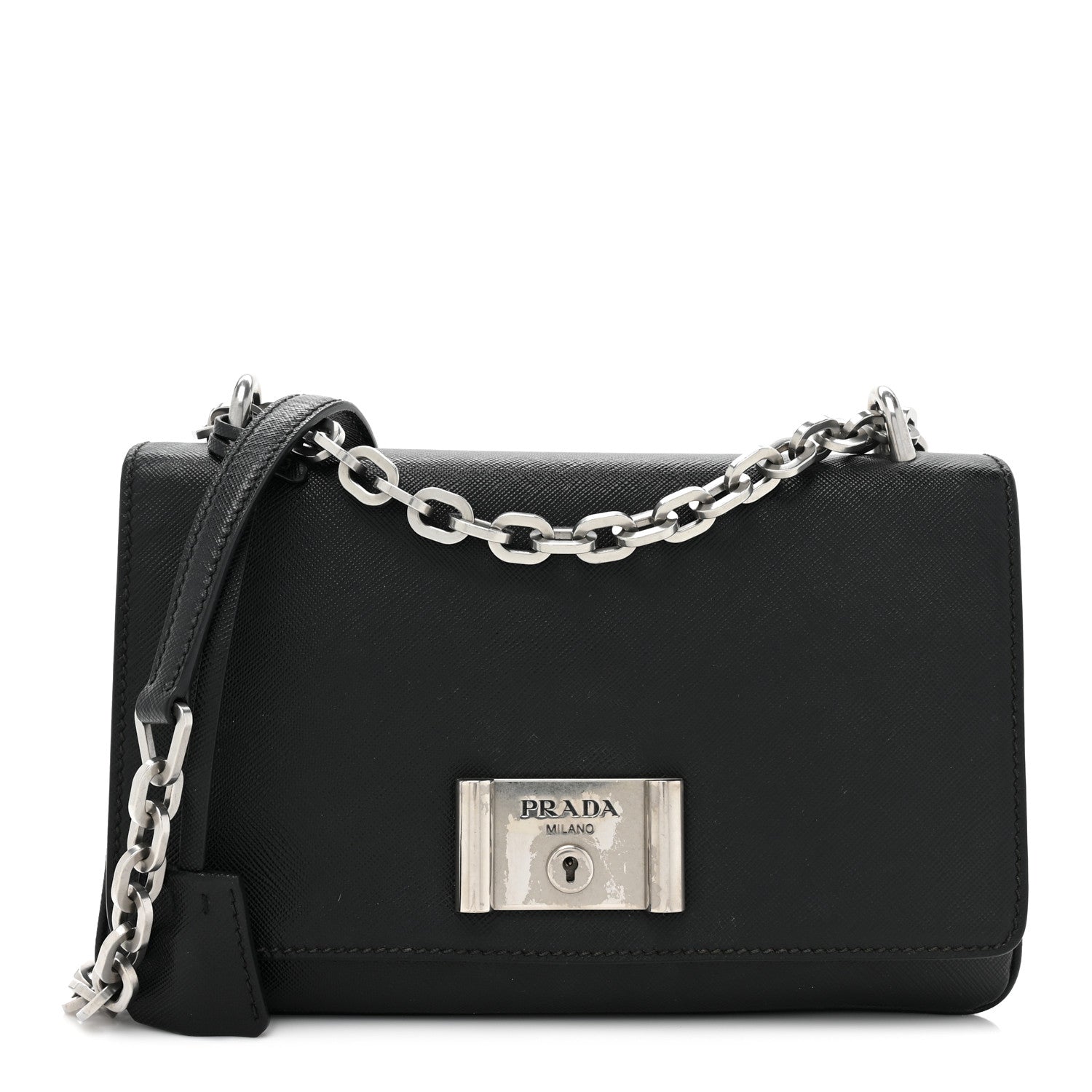 Prada Saffiano Lux Lock Flap Chain Shoulder Bag Black 1 of 15