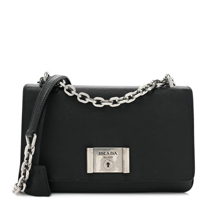 Prada Saffiano Lux Lock Flap Chain Shoulder Bag Black 1 of 15