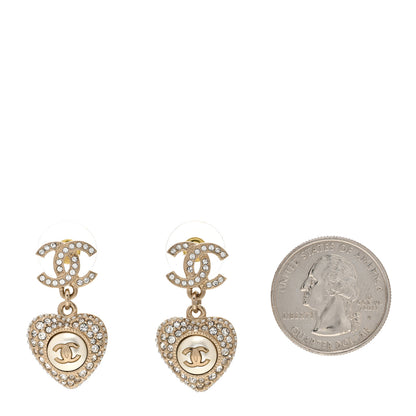 Chanel Pearl Crystal CC Heart Drop Earrings Gold White 2 of 4
